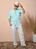 Solid Pastel Aqua Blue Pure Linen Shirt