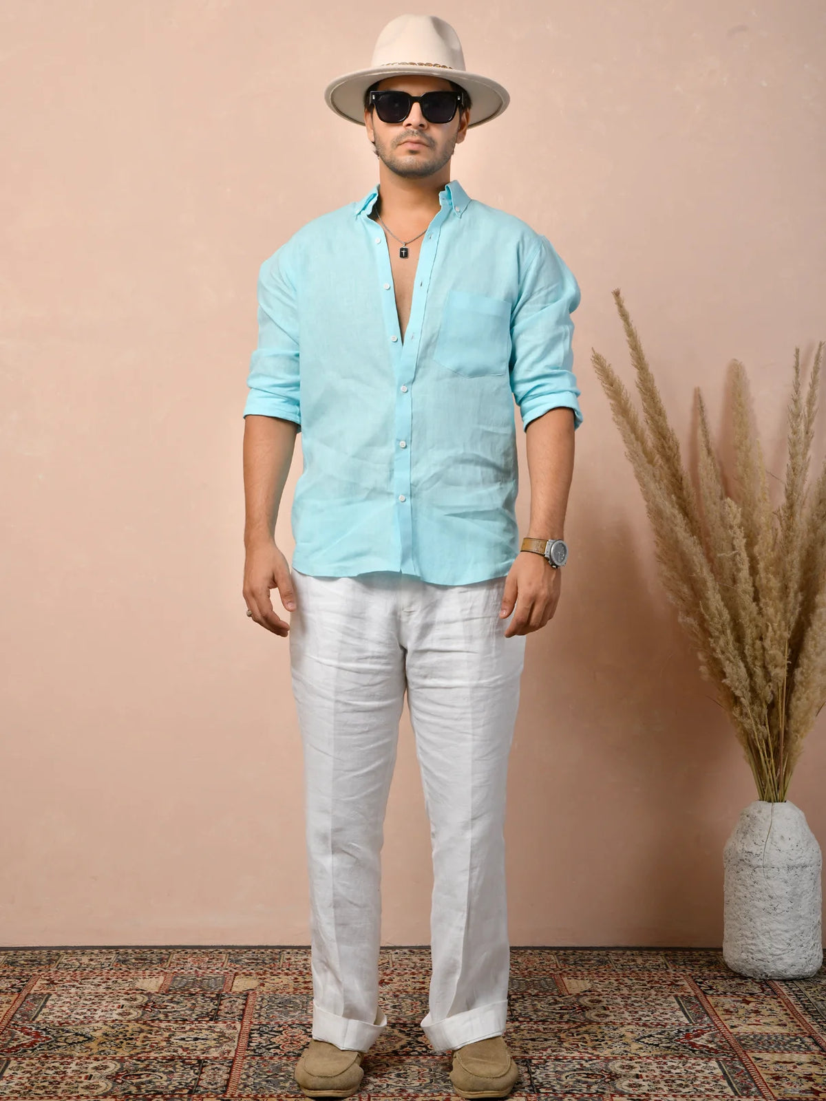 Solid Pastel Aqua Blue Pure Linen Shirt
