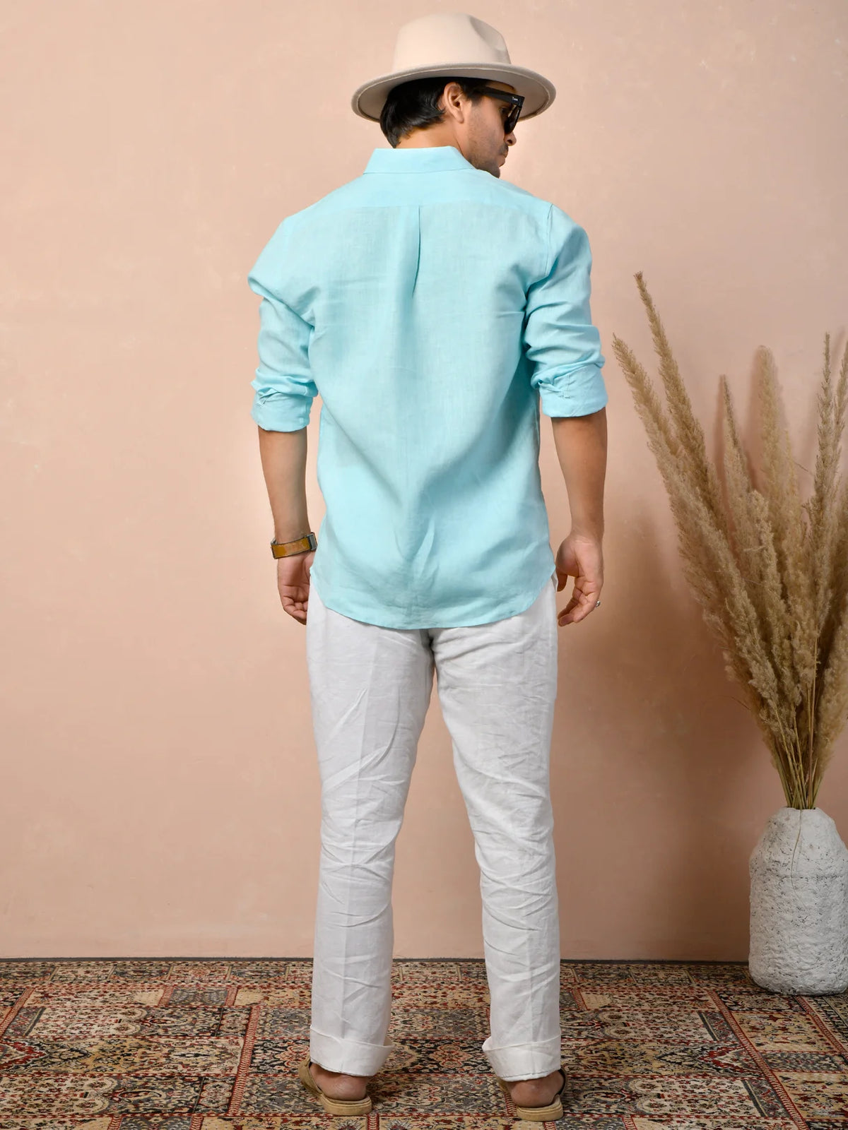 Solid Pastel Aqua Blue Pure Linen Shirt