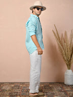 Solid Pastel Aqua Blue Pure Linen Shirt