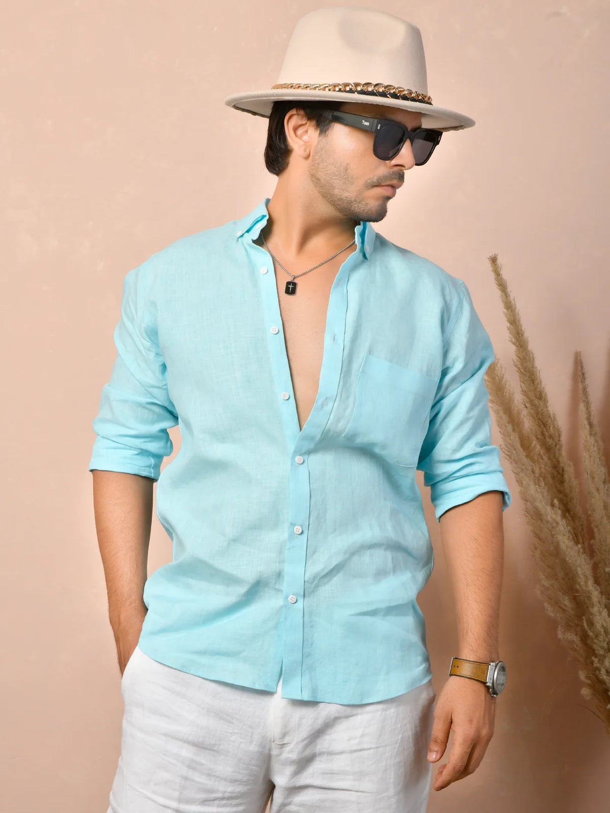 Solid Pastel Aqua Blue Pure Linen Shirt