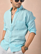 Solid Pastel Aqua Blue Pure Linen Shirt