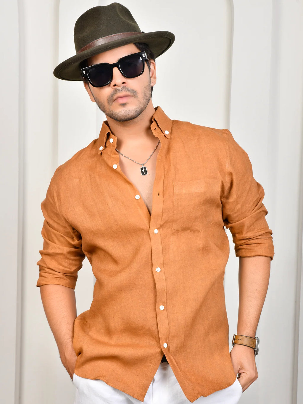 Solid Terracotta Orange Pure Linen Shirt