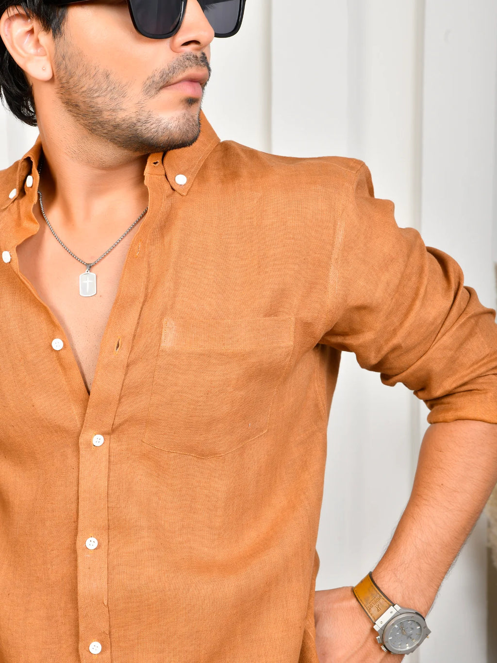 Solid Terracotta Orange Pure Linen Shirt
