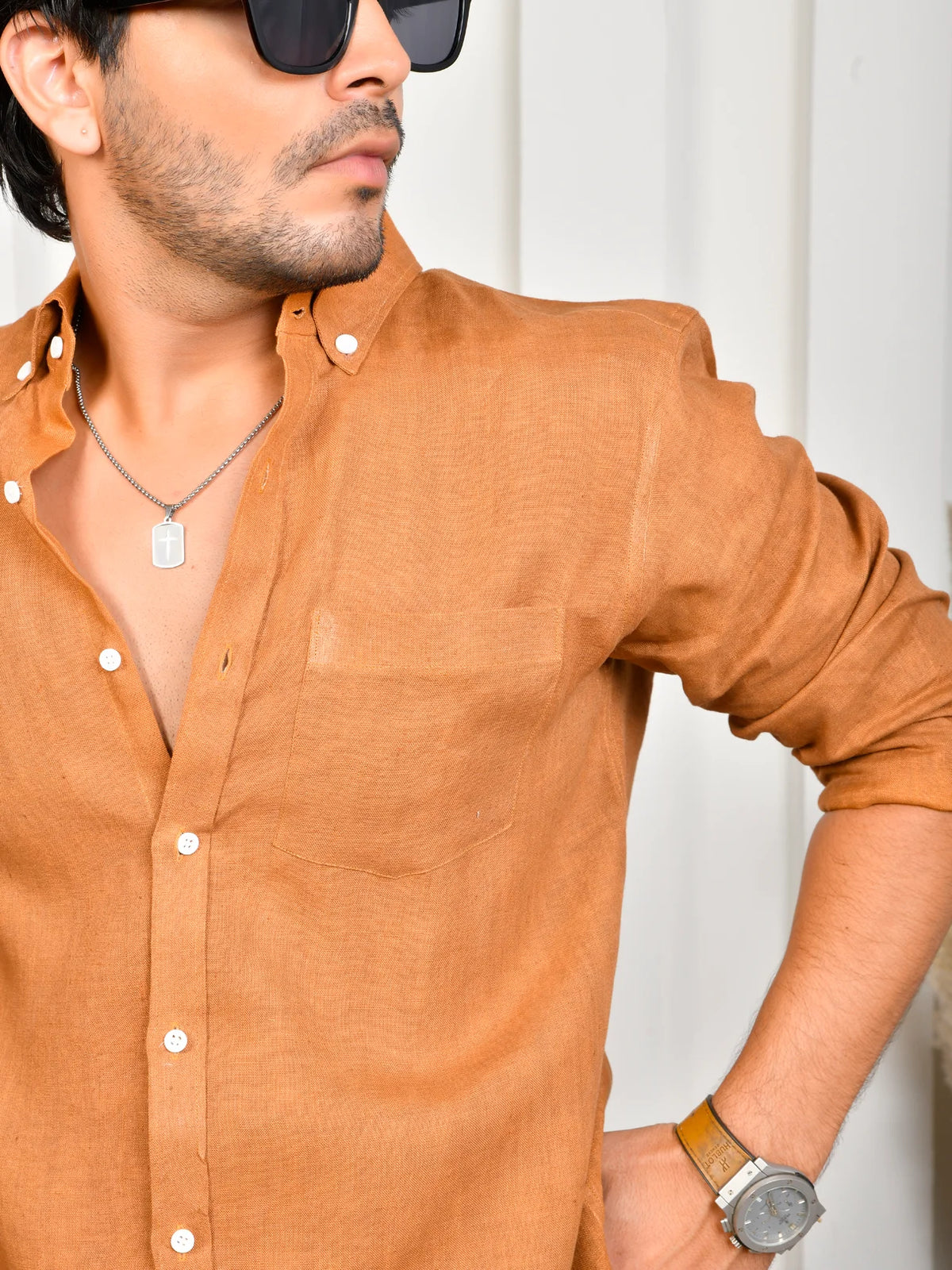 Solid Terracotta Orange Pure Linen Shirt