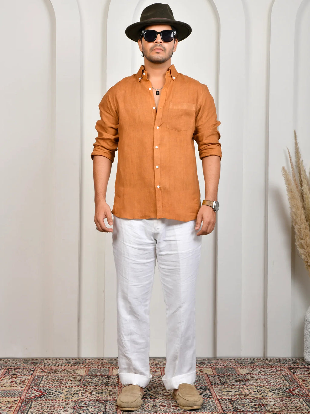 Solid Terracotta Orange Pure Linen Shirt