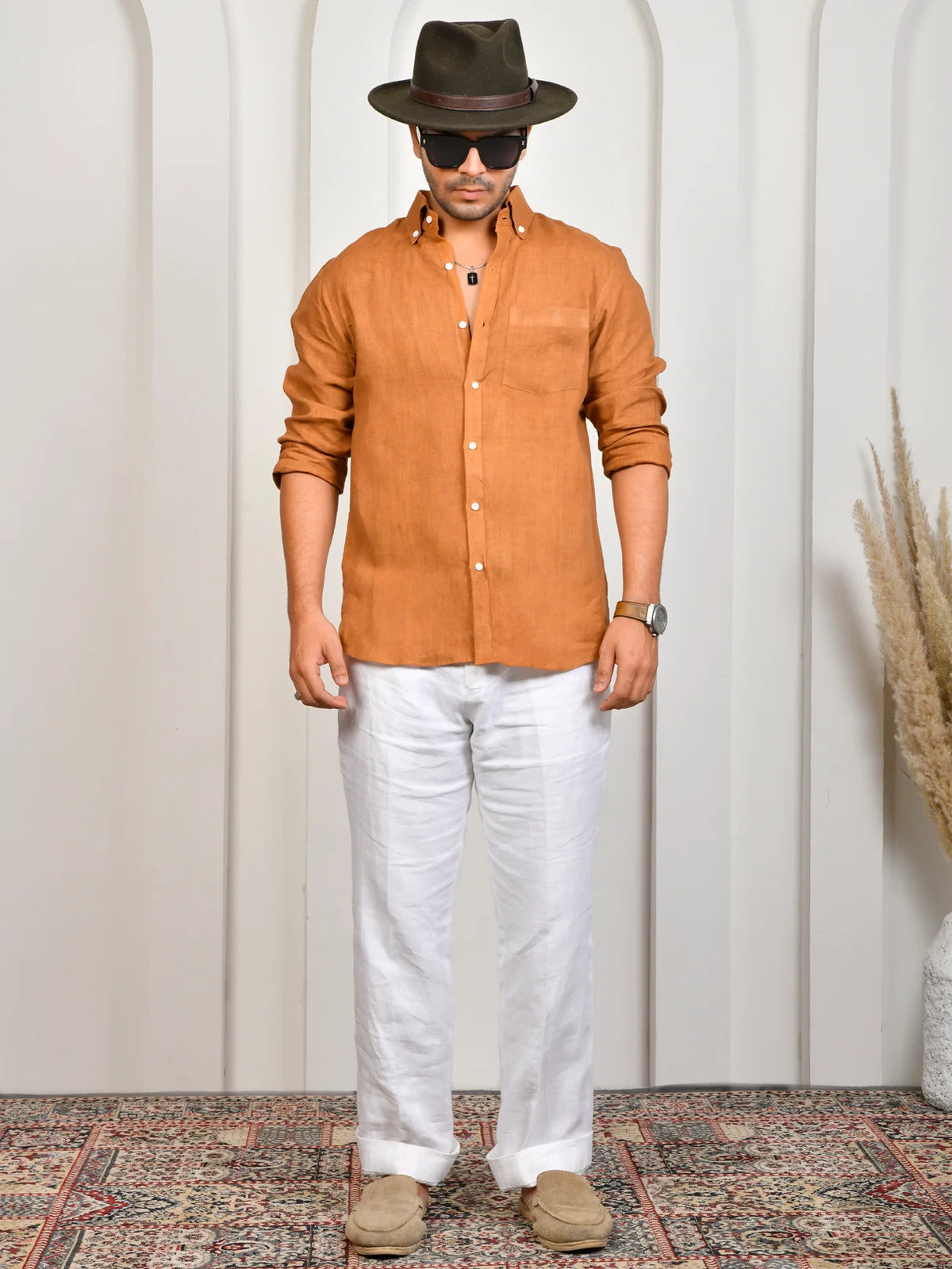 Solid Terracotta Orange Pure Linen Shirt