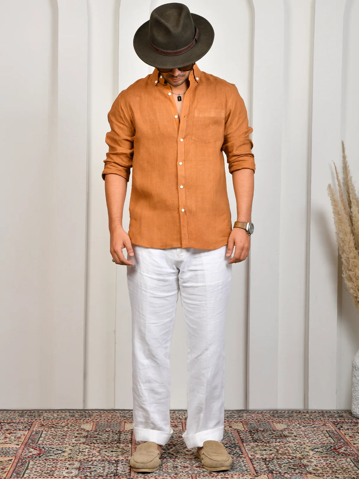 Solid Terracotta Orange Pure Linen Shirt