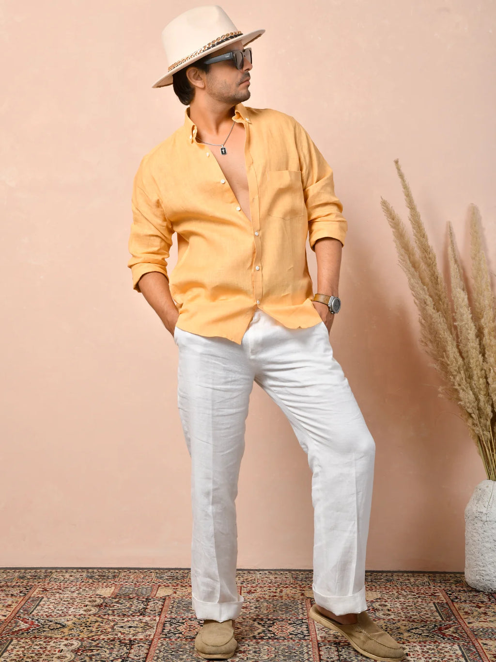 Solid Warm Golden Apricot Pure Linen Shirt