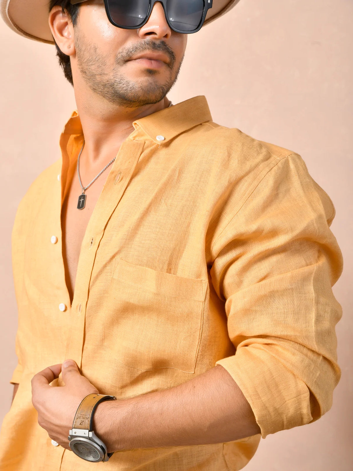 Solid Warm Golden Apricot Pure Linen Shirt