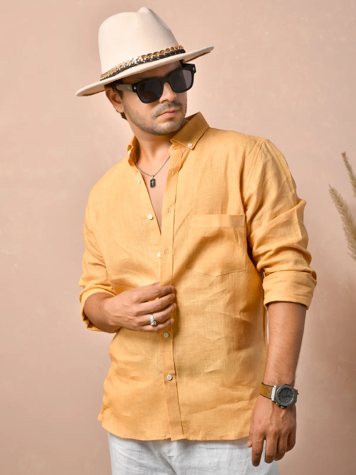 Solid Warm Golden Apricot Pure Linen Shirt