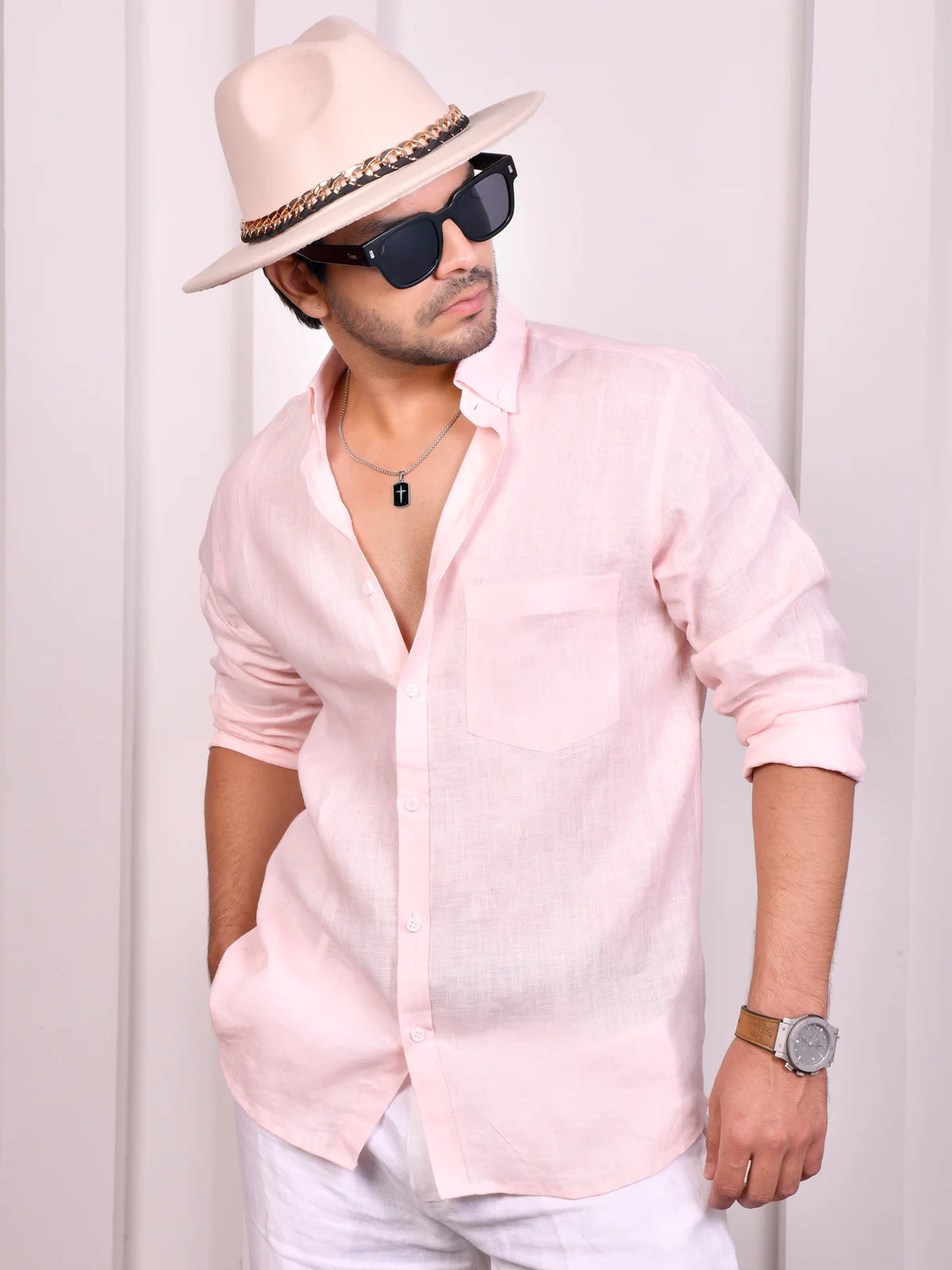 Solid Baby Pink Pure Linen Shirt