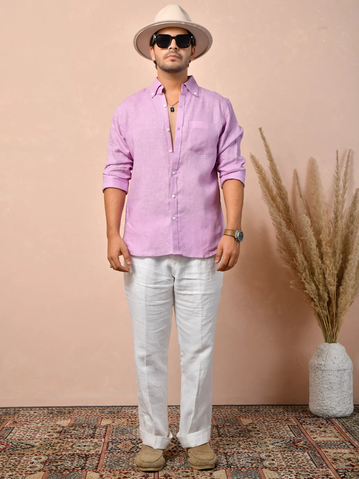 Solid Pastel Lilac Pink Pure Linen Shirt